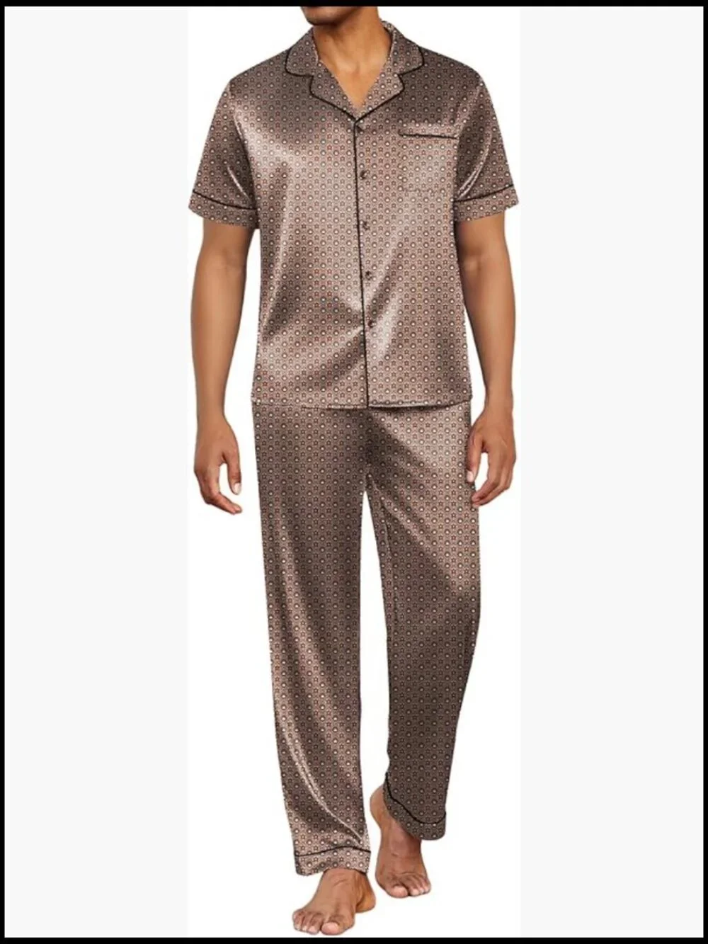 Men's Satin Pajama Set Short Sleeve Button Down Sleepwear Lounge Set